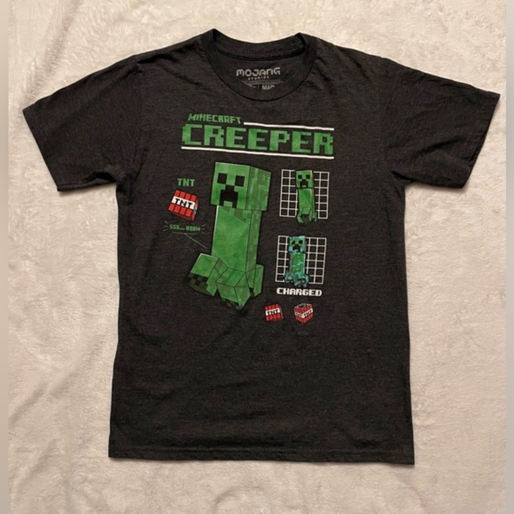 Mojang Minecraft‎ Creeper TNT Graphic T-Shirt Youth Boys Kids Size XL Gray Green
